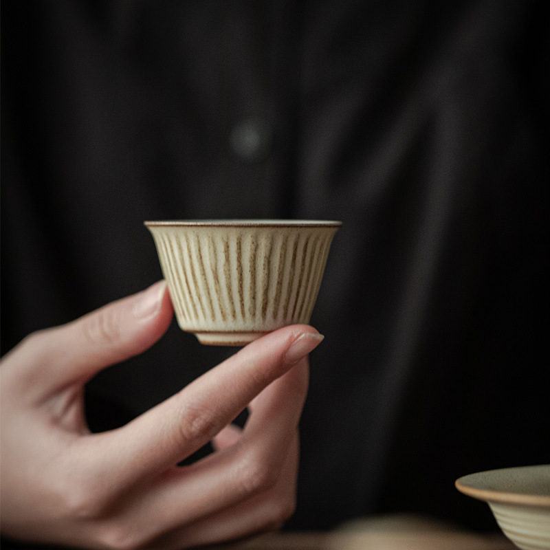 侘寂風日式粗陶條紋茶杯
