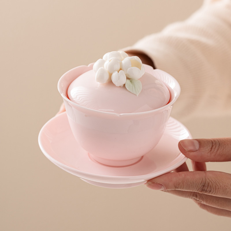 桃粉捏花三才蓋碗茶杯