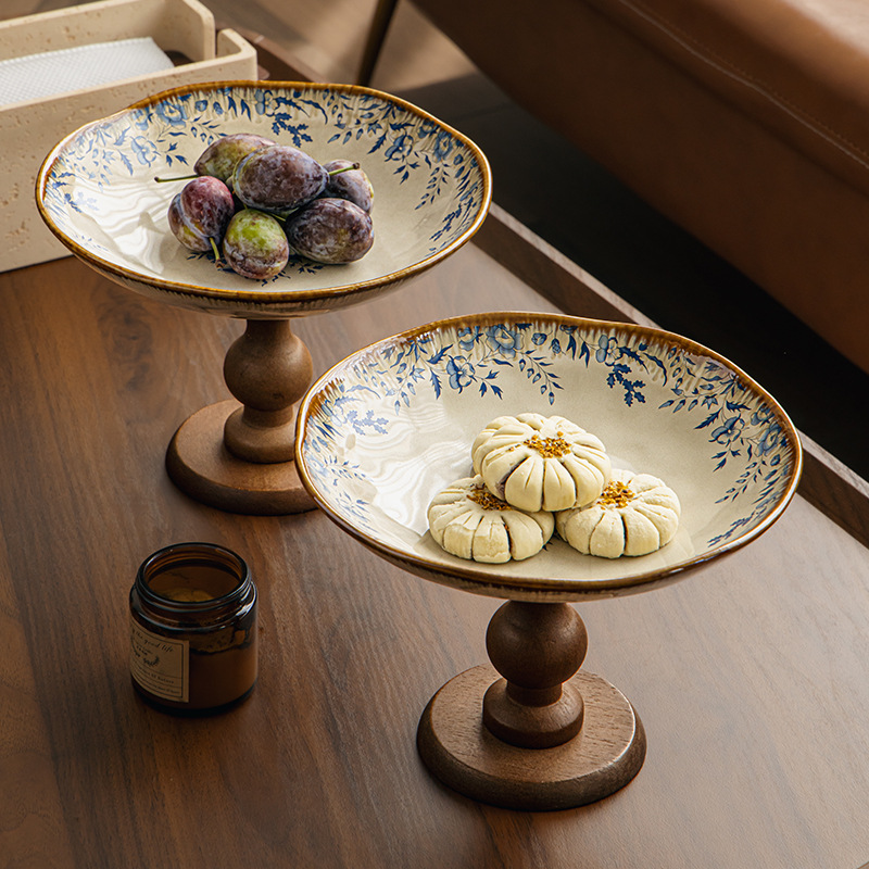 復古木質高腳陶瓷盤