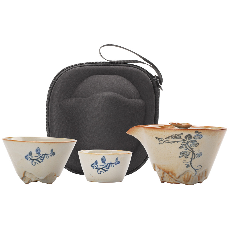 草木灰青花便攜旅行茶具