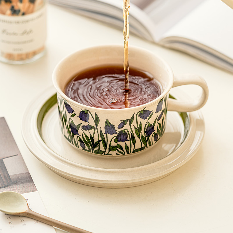 復古手繪帶碟陶瓷馬克杯