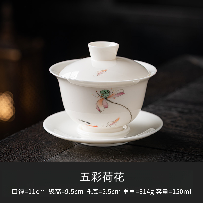 手繪羊脂玉懸停三才蓋碗