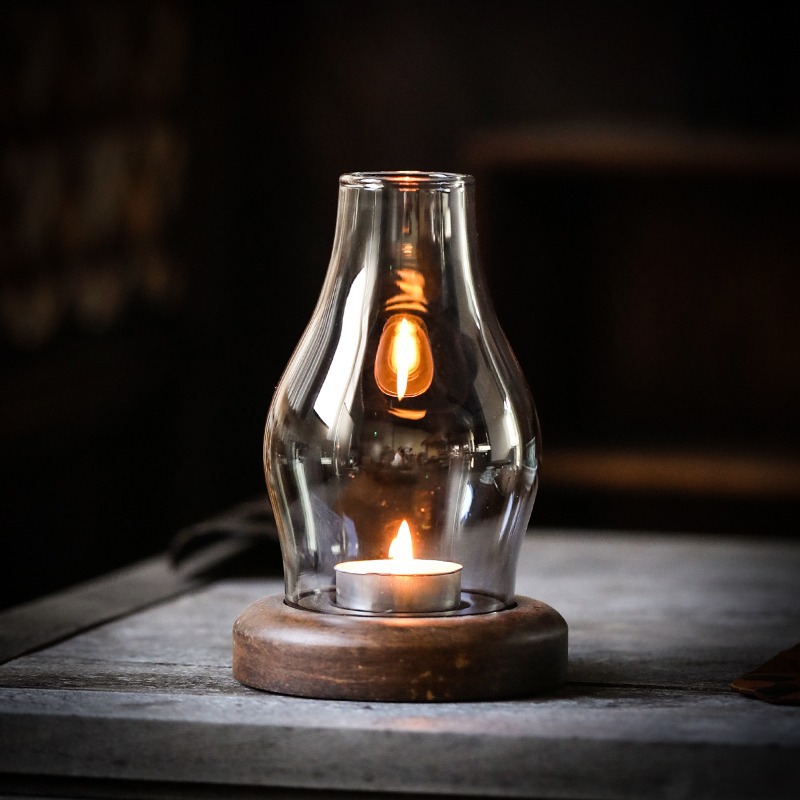 復古簡約竹制玻璃防風蠟燭燈