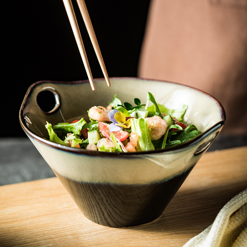 日式復古窯變釉帶孔泡面碗