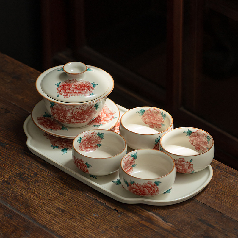 汝窯牡丹花三才蓋碗茶杯套組