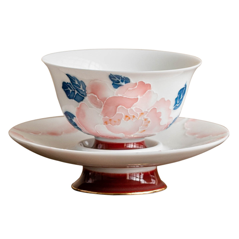 手繪描金牡丹朝顏杯碟套裝