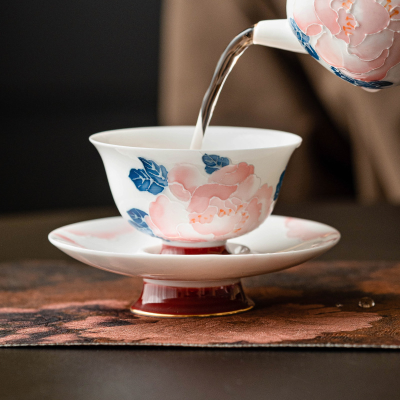 手繪描金牡丹朝顏杯碟套裝