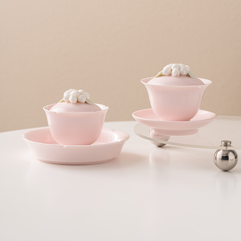 桃粉捏花三才蓋碗茶杯