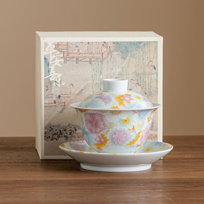 仿古釉萬花三才蓋碗