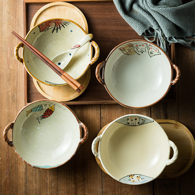 日式創意雙耳陶瓷碗