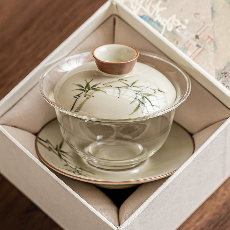 手繪翠綠文竹蓋碗