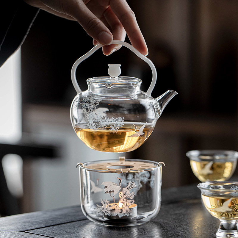 松鶴玻璃茶壺蠟燭臺煮茶爐