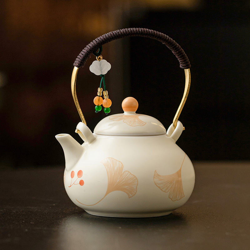米黃銀杏綁繩提樑壺陶瓷茶壺