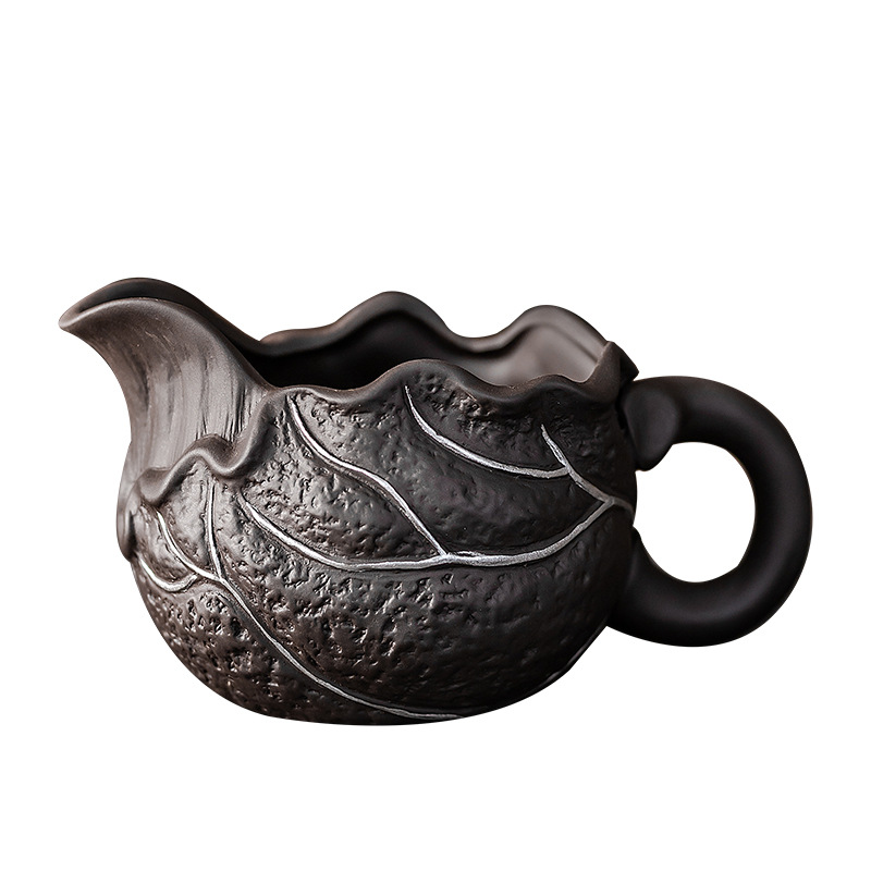 异形荷花紫砂描銀公道杯