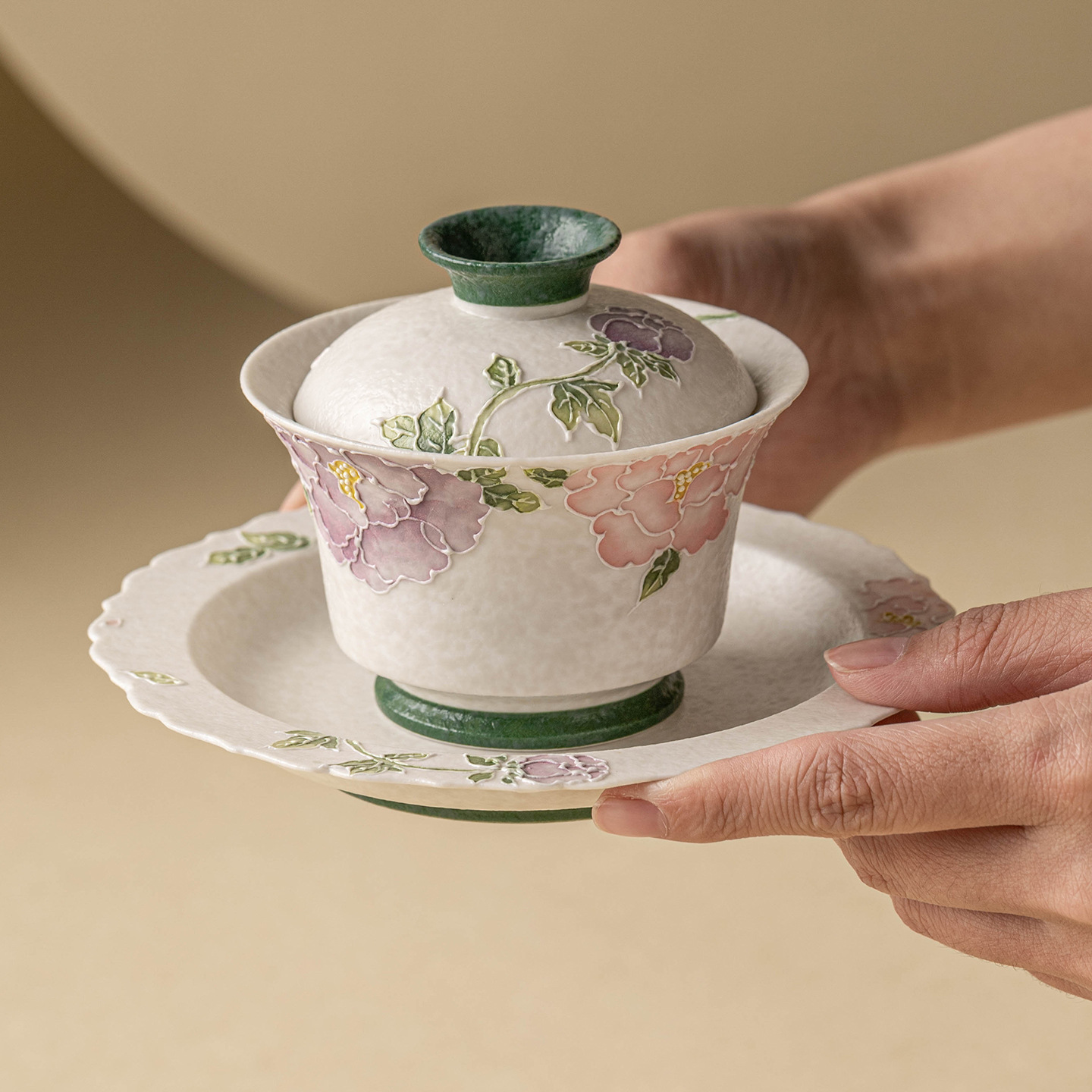 陶瓷手繪堆雕牡丹泡茶茶碗