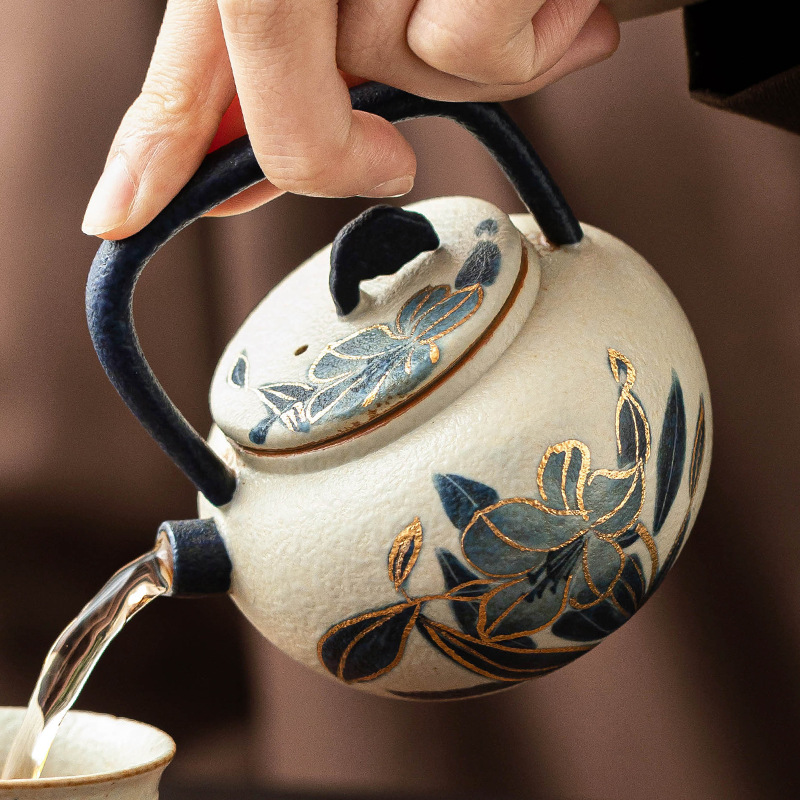 青花火石紅描金提梁壺