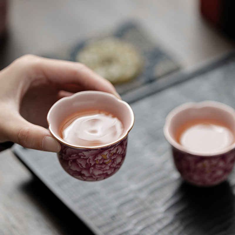 粉汝牡丹花口杯