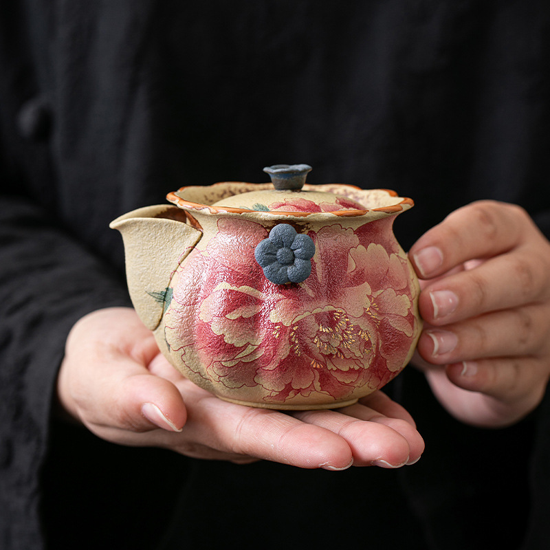 火石紅陶瓷復古手抓壺