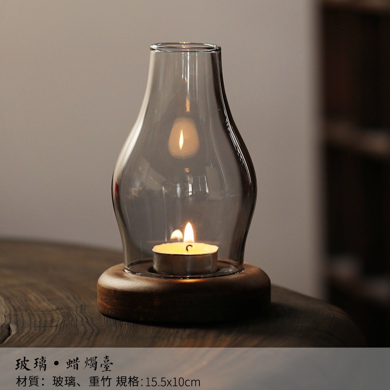 復古簡約竹制玻璃防風蠟燭燈