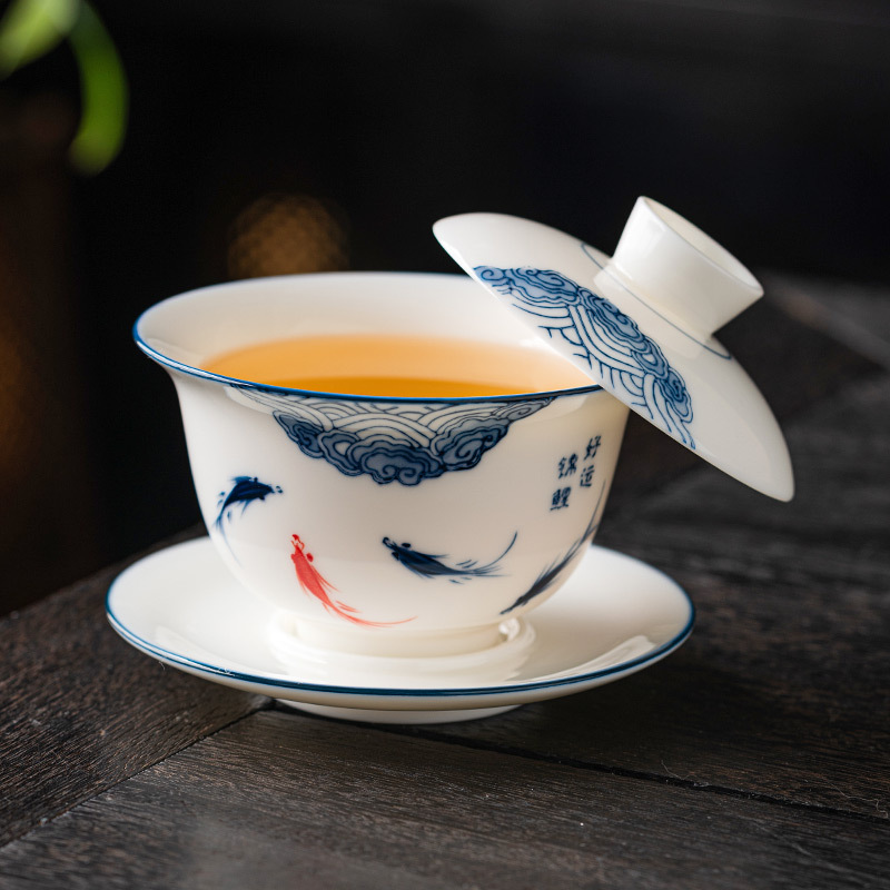 手繪羊脂玉懸停三才蓋碗