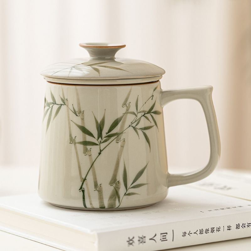 手繪翠綠文竹陶瓷辦公杯