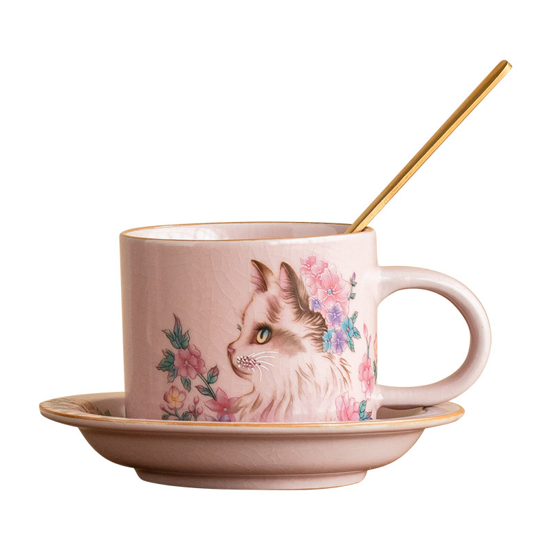 粉汝花貓咖啡杯