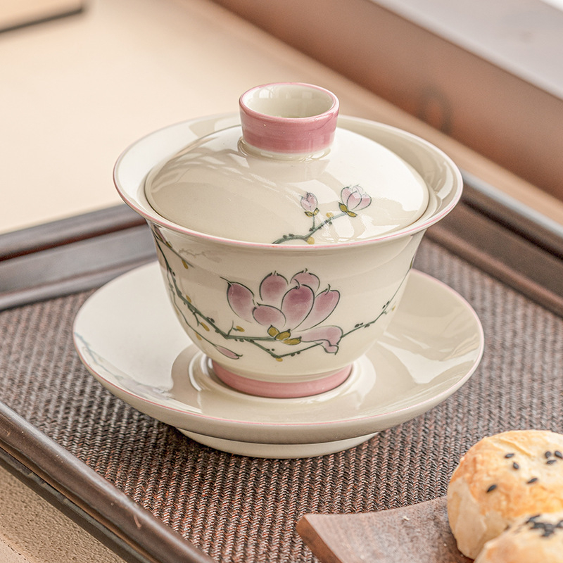 手繪玉蘭花三才蓋碗