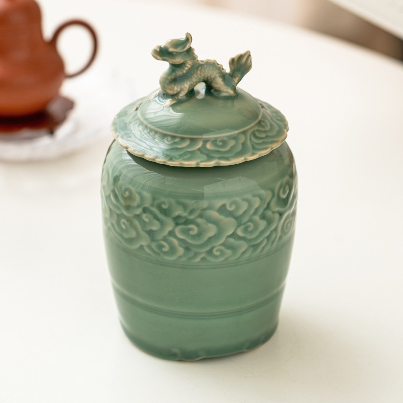 復古越窯青瓷龍騰四海茶葉罐