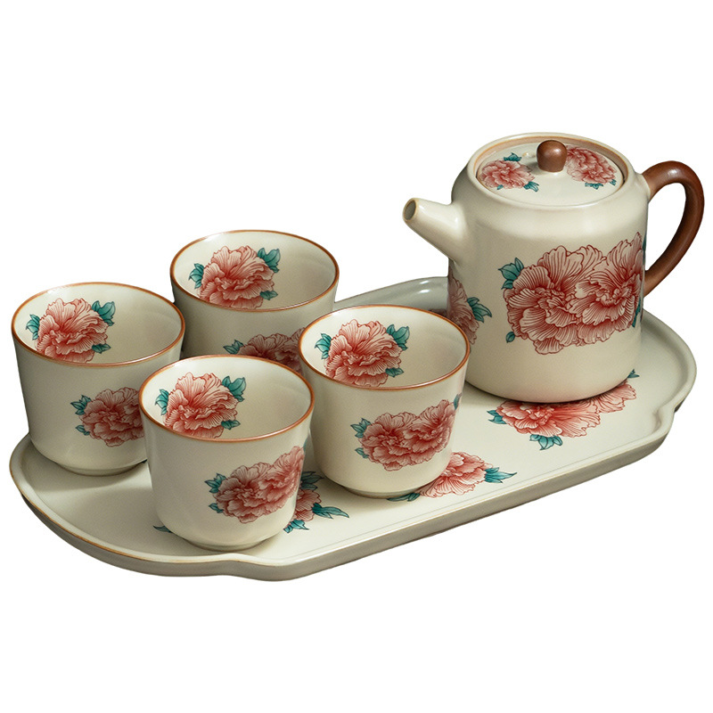 汝窯牡丹花直身壺套組