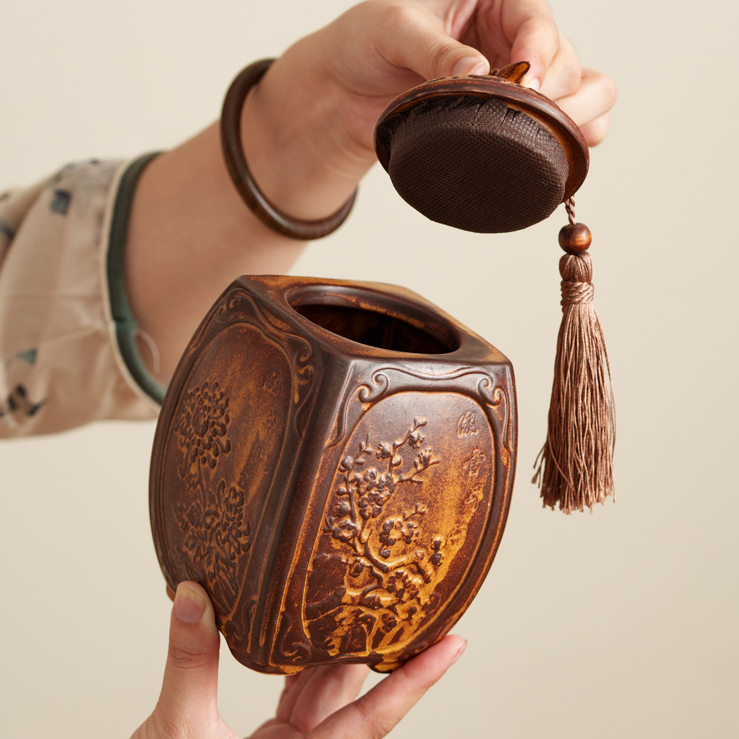 窯變古典棕黃茶葉罐