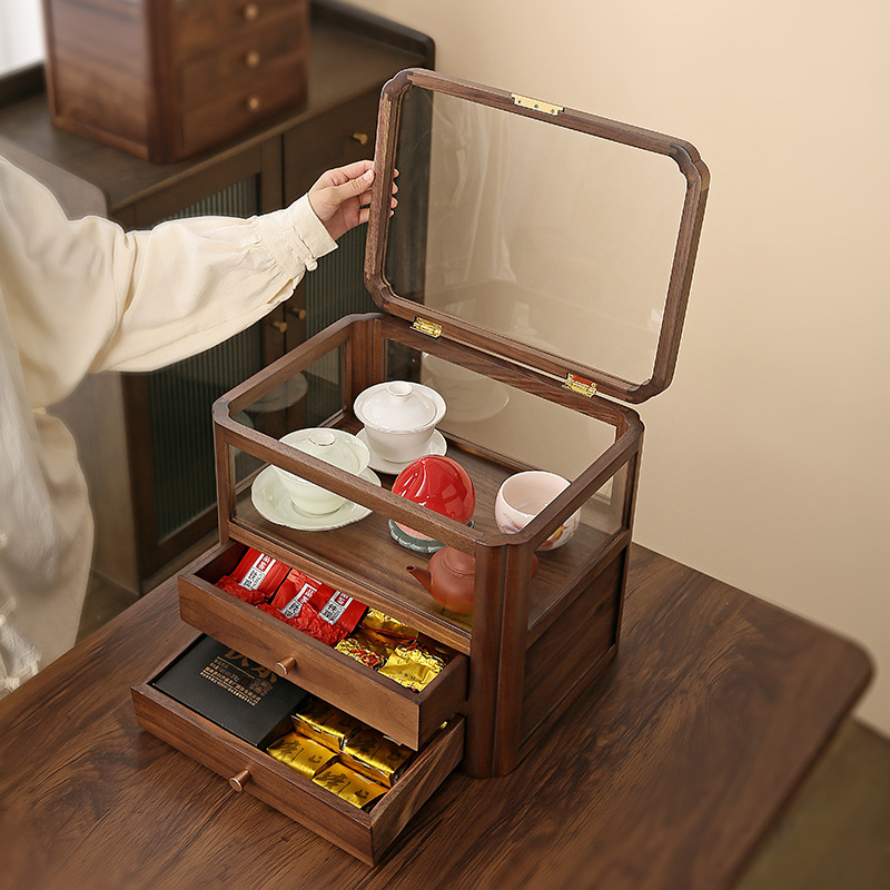 胡桃木帶蓋透明收納盒