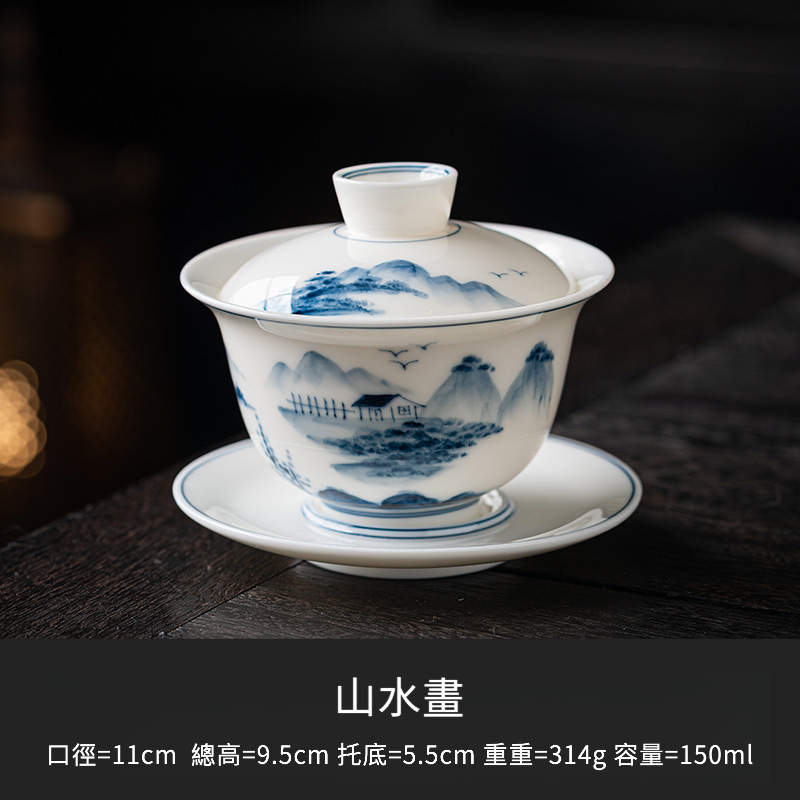 手繪羊脂玉懸停三才蓋碗