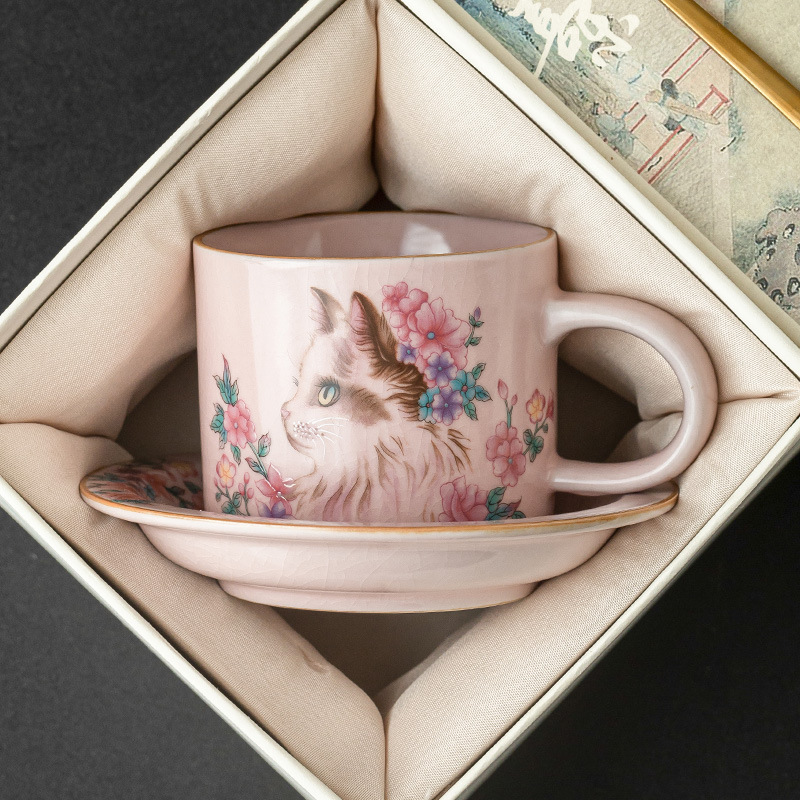 粉汝花貓咖啡杯