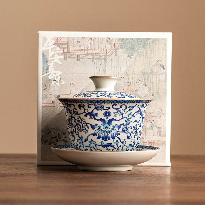 青花纏枝蓮蓋碗茶杯