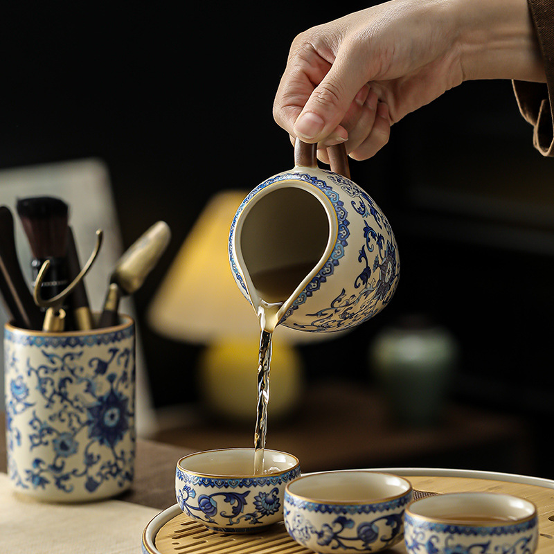 青花纏枝蓮高檔輕奢汝窯茶具套裝