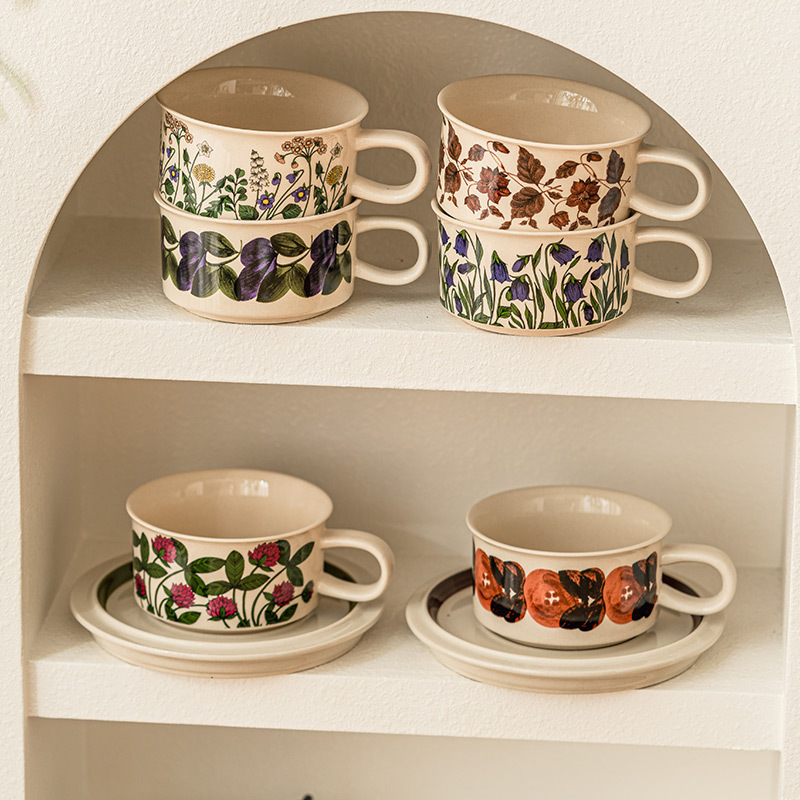 復古手繪帶碟陶瓷馬克杯