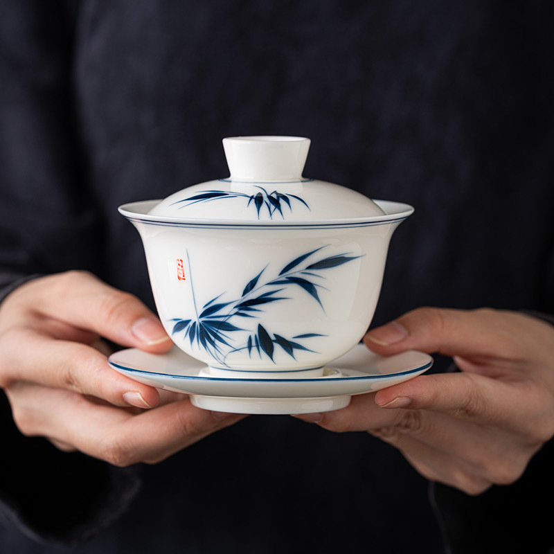 手繪羊脂玉懸停三才蓋碗