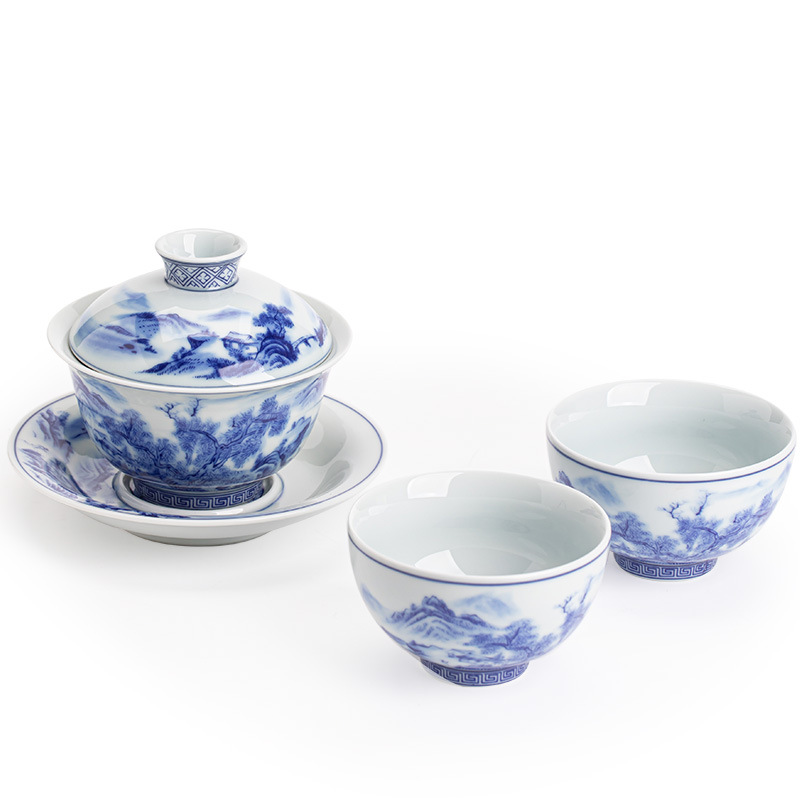 仿古青花山水三才蓋碗