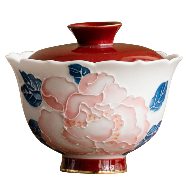 手繪堆雕描金牡丹花口茶杯