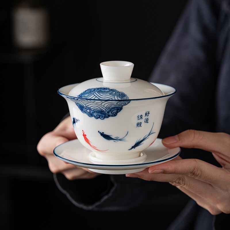 手繪羊脂玉懸停三才蓋碗