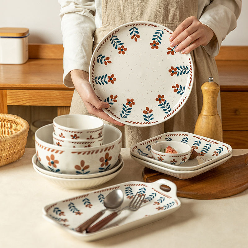 日式復古小花飯碗圓盤