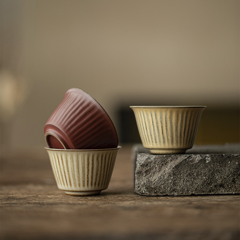 侘寂風日式粗陶條紋茶杯