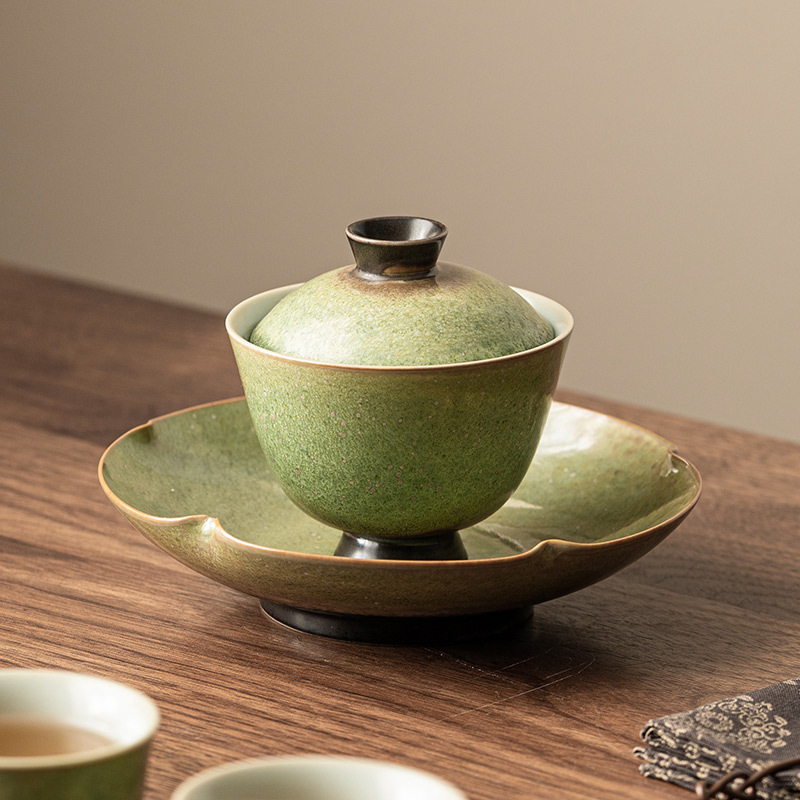 窯變星空翠綠復古三才蓋碗