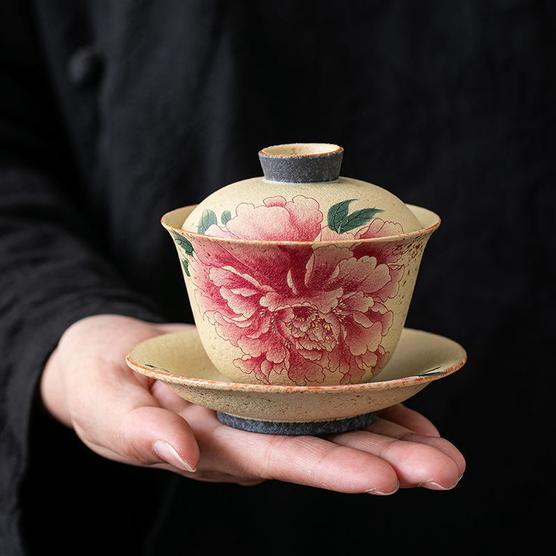 火石紅陶瓷三才蓋碗