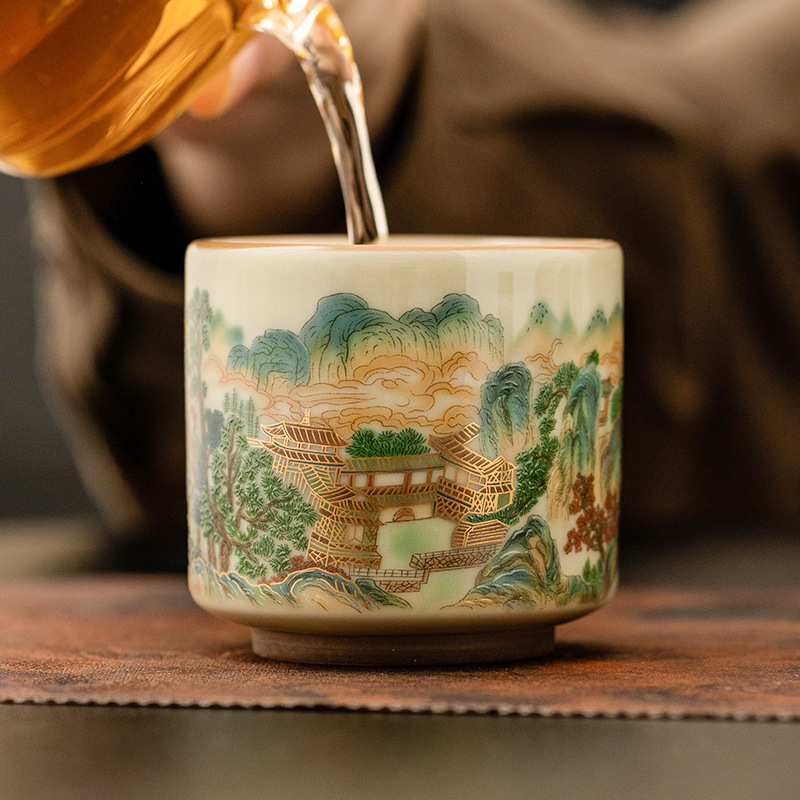 五彩山水直筒品茗杯