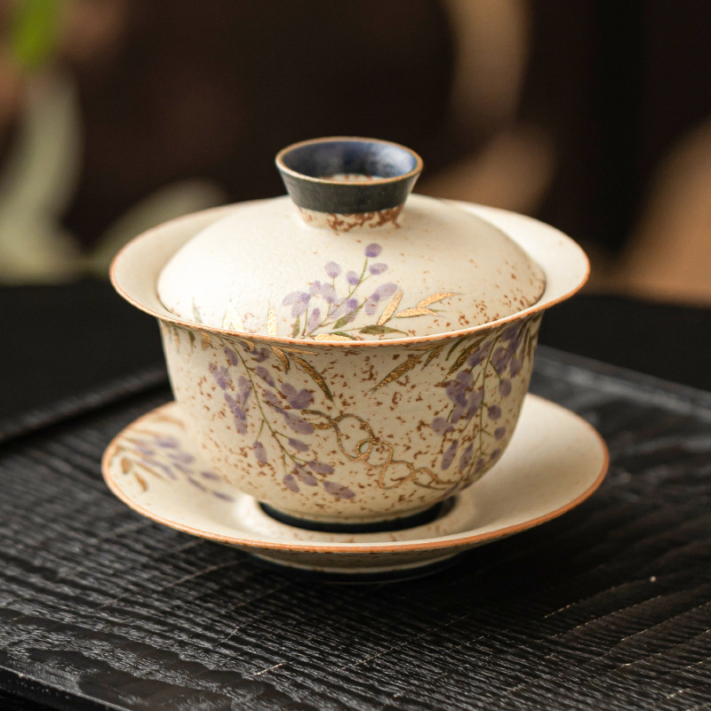 青花火石紅紫藤花三才蓋碗