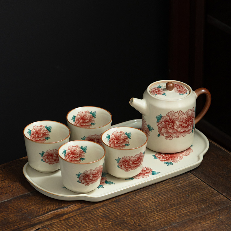 汝窯牡丹花直身壺套組