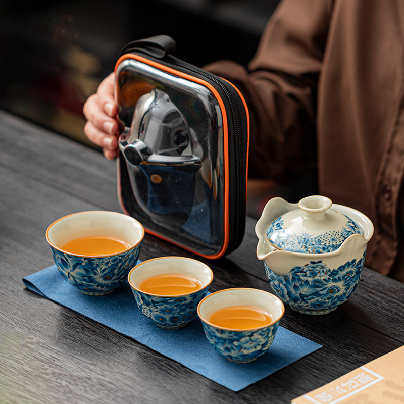 汝窑青花瓷快客杯戶外隨身一壺三杯