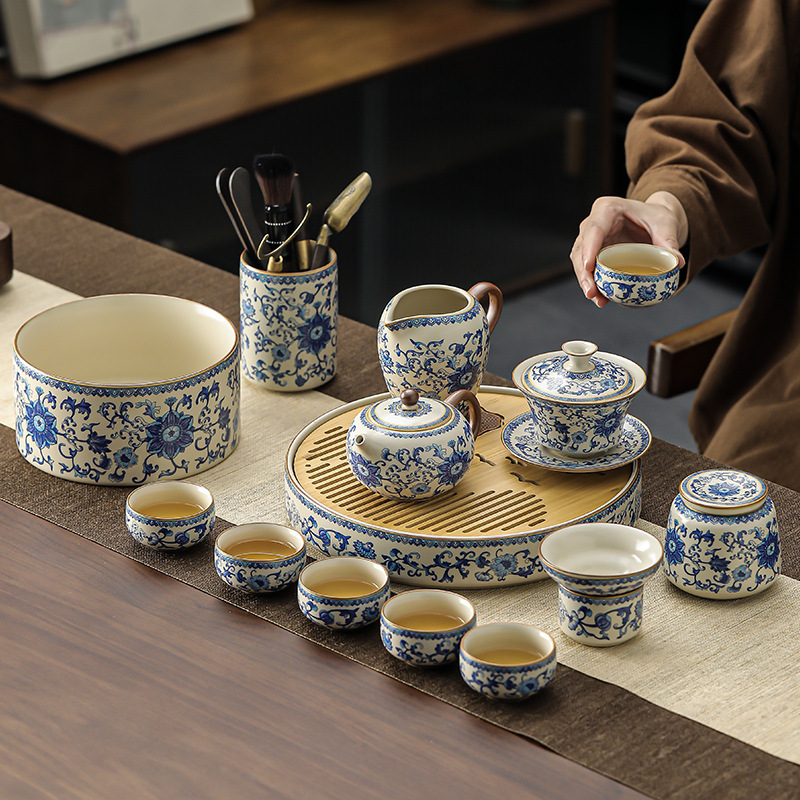 青花纏枝蓮高檔輕奢汝窯茶具套裝