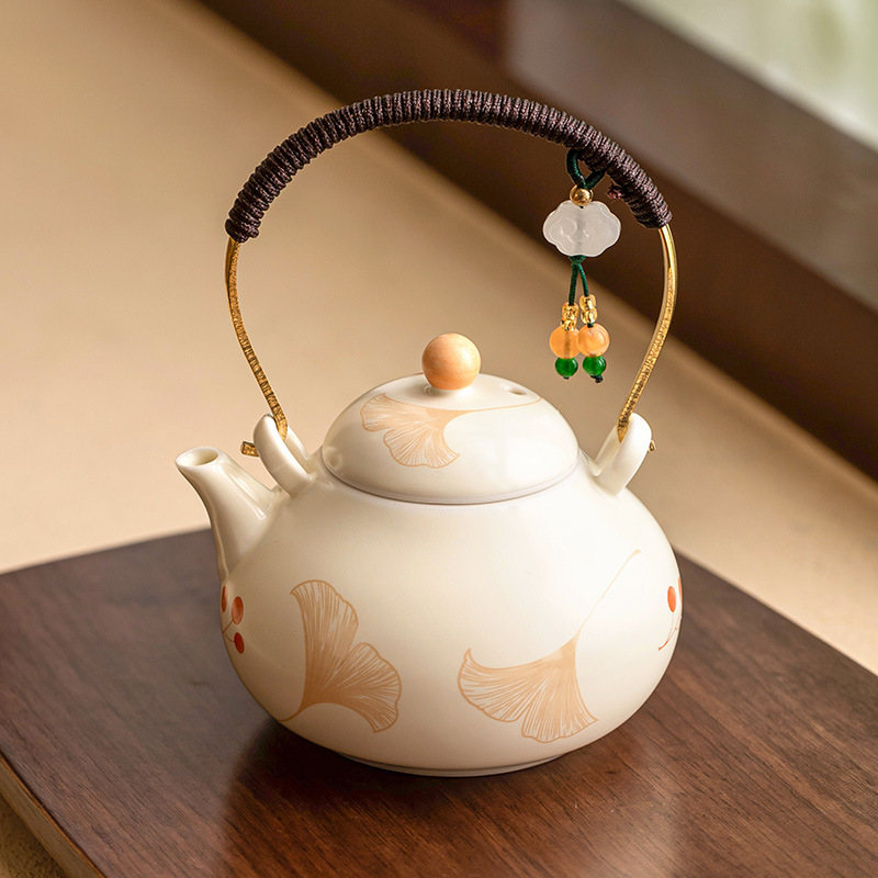 米黃銀杏綁繩提樑壺陶瓷茶壺